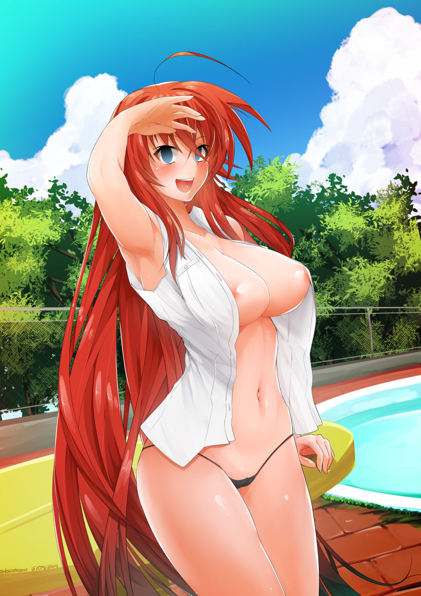 absurdres ahoge blue_eyes blush breasts cameltoe empty_eyes erect_nipples female_only femsub high_school_dxd large_breasts masta_(manipper) nipples open_clothes open_mouth panties pool red_hair rias_gremory smile solo standing stormcow tongue underwear very_long_hair