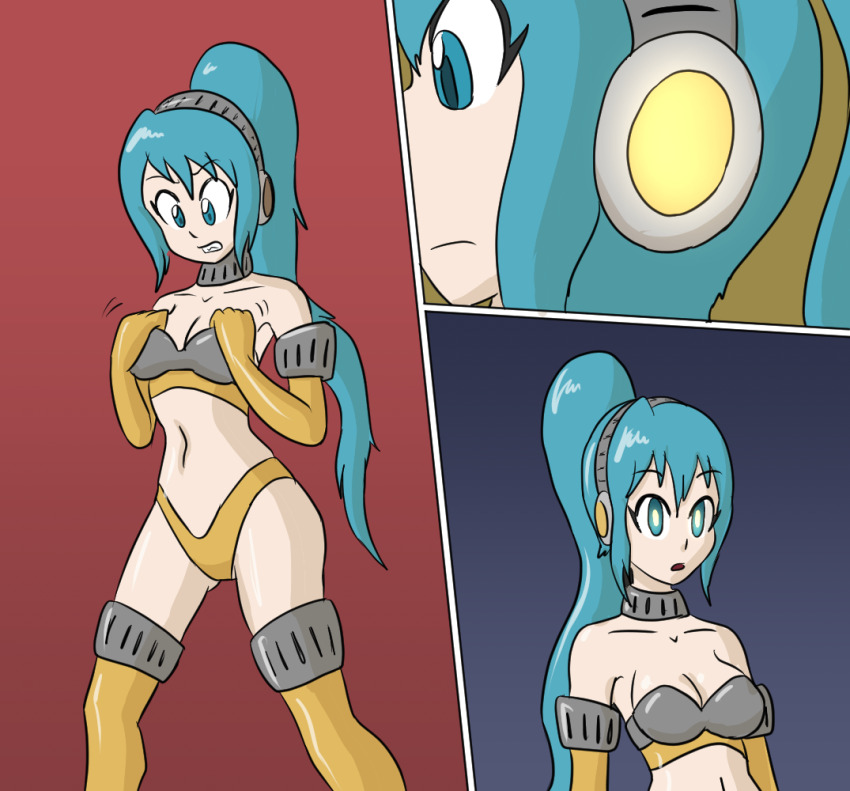 bikini_armor blue_eyes blue_hair collarbone comic expressionless female_only femsub glowing glowing_eyes hair_band hypnotic_accessory long_hair mythkaz navel open_mouth opera_gloves original ponytail resisting tagme thighhighs very_long_hair