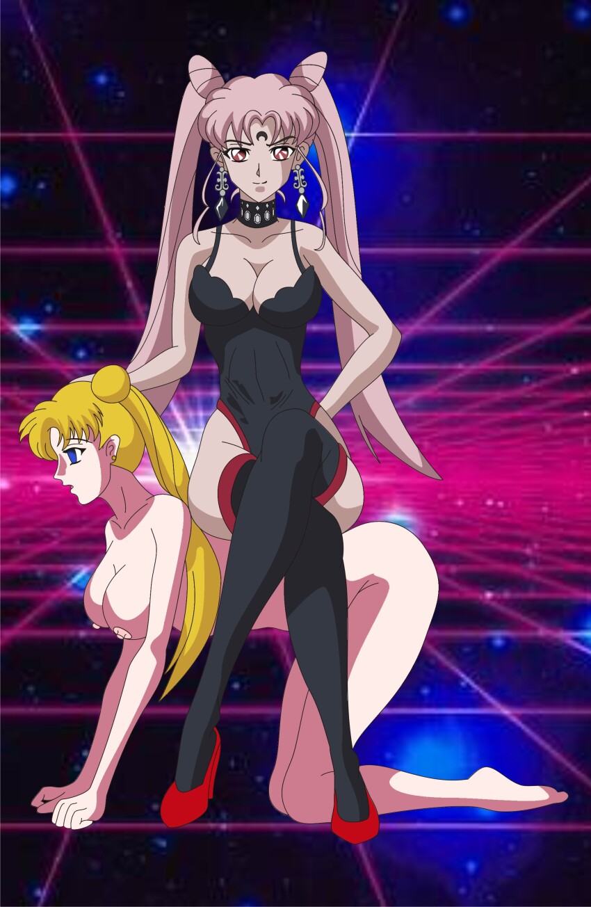 absurdres all_fours blonde_hair blue_eyes bottomless breasts corruption empty_eyes evil_lady evil_smile femdom femsub high_heels human_furniture large_breasts lipstick long_hair mother_and_daughter nude open_mouth pink_hair red_eyes red_lipstick sailor_mini_moon sailor_moon sailor_moon_(series) sigfried028 smile thighhighs topless twintails