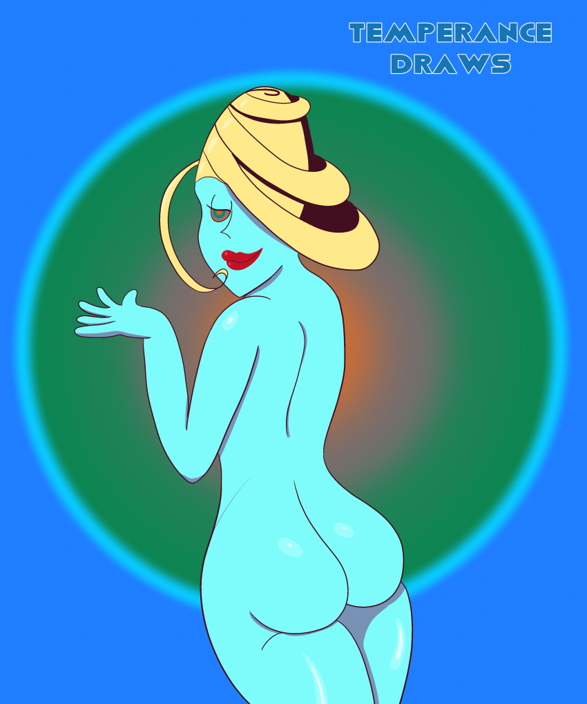 absurdres ass beauty_(ghost_trick) blonde_hair blue_skin bottomless capcom female_only femsub ghost_trick happy_trance nude ring_eyes short_hair smile solo symbol_in_eyes temperancedraws topless