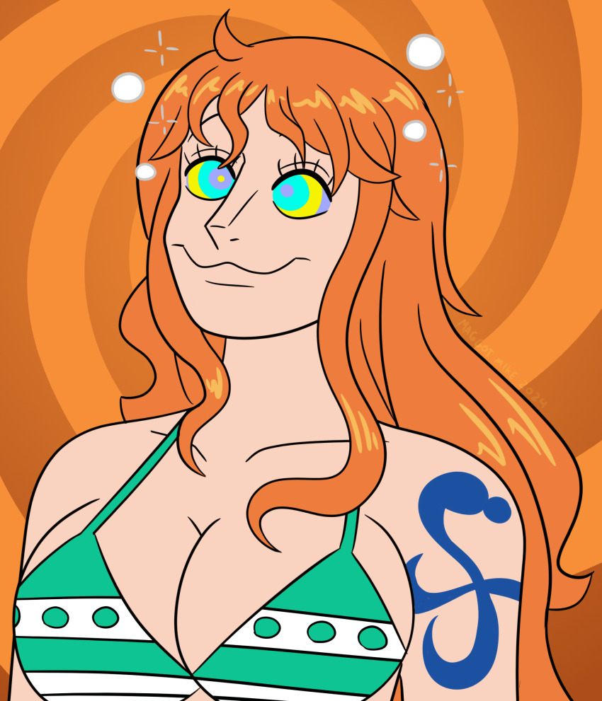 bikini_top breasts happy_trance kaa_eyes long_hair maggotmike nami_(one_piece) one_piece orange_hair smile spiral_background tattoo