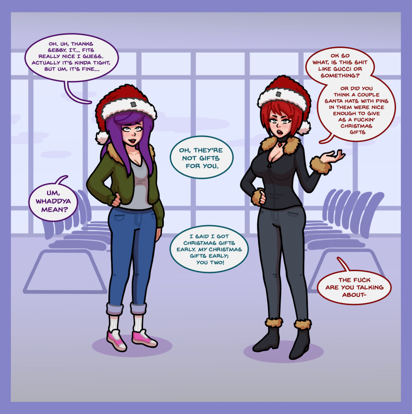 choker clothed dialogue eye_roll femsub fur_coat jacket maledom multiple_girls original purple_hair red_hair santa_hat sequence text unlikely