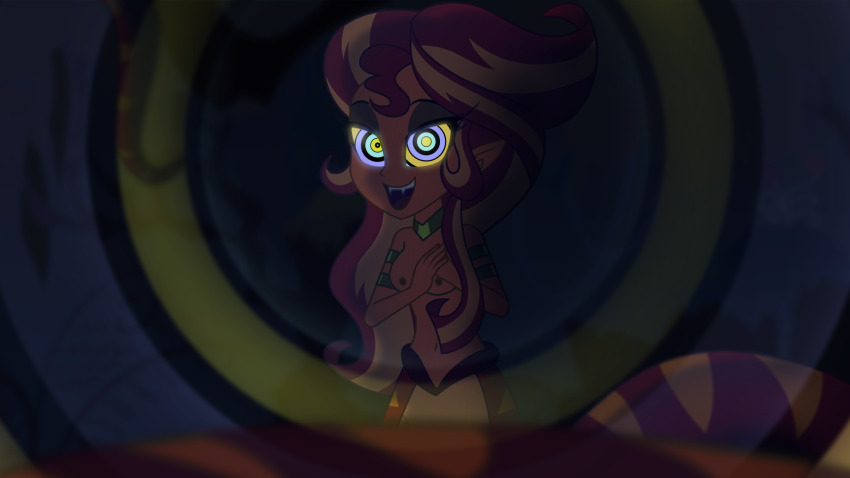 breasts equestria_girls fangs femdom hypnotic_eyes kaa_eyes long_hair looking_at_viewer manip monster_girl multicolored_hair my_little_pony naga_girl nipples pov pov_sub snake snake_girl sunset_shimmer suppas_(manipper) wubcakeva