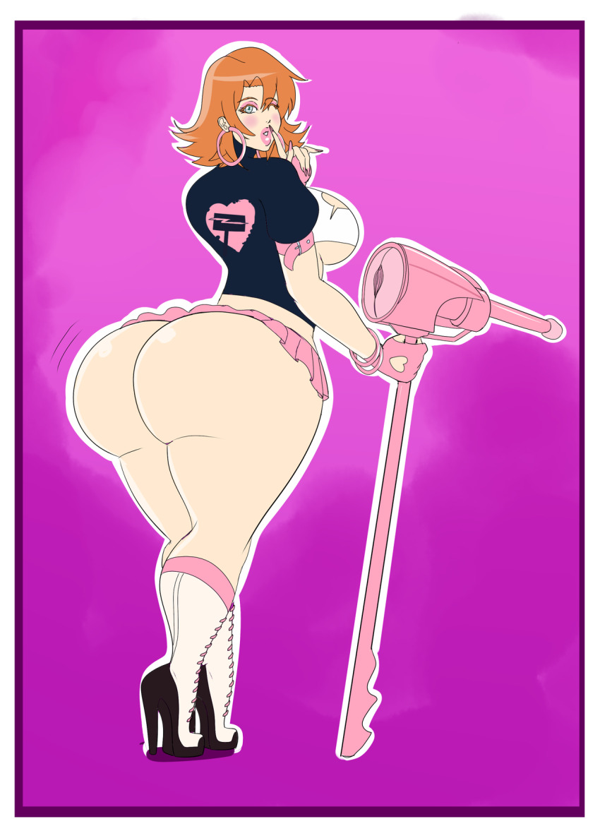 ass bare_legs bimboannon bimbofication breasts brown_hair earrings female_only femsub happy_trance high_heels huge_ass huge_breasts jewelry large_lips legs lipstick nora_valkyrie orange_hair pink_lipstick rwby short_hair smile solo thick_thighs wink