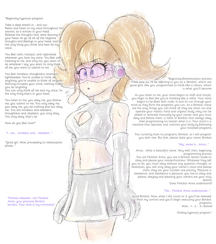 ameerashourdraws brown_hair cleavage dialogue drone expressionless eyelashes fembot femsub gloves good_sub_conditioning latex mantra navel original petting sketch skirt standing standing_at_attention text twintails visor white_background
