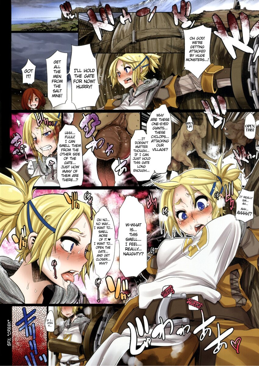 blonde_hair blue_eyes blush breasts comic corruption cyclops dialogue drool femsub gloves hair_band large_breasts maledom monster open_mouth original pheromones ponytail pussy_juice shindol short_hair sweat tears text tongue tongue_out