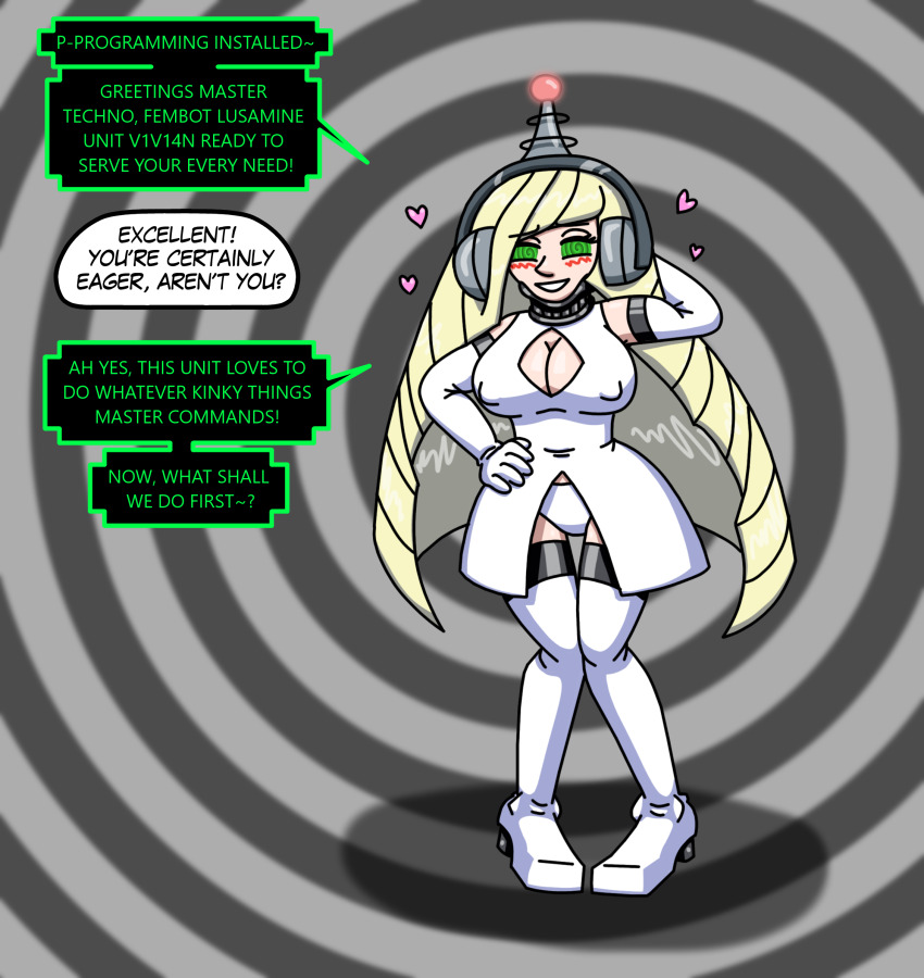 absurdres antenna blonde_hair breasts cleavage cleavage_cutout cosplay female_only fembot femsub gloves happy_trance headphones hypnotic_accessory knees_together large_breasts latex looking_at_viewer lusamine maledom milf nintendo original pokemon pokemon_sun_and_moon robot robotization smile spiral_eyes supertechno324 symbol_in_eyes tech_control very_long_hair