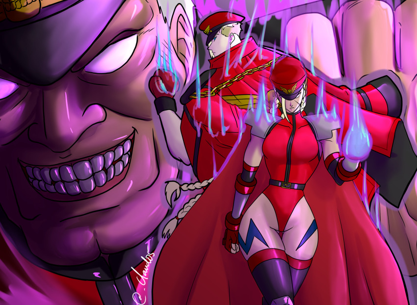 alternate_costume aura aww05 blonde_hair blue_eyes breasts cammy_white cap capcom cape clothed corruption costume ed_(street_fighter) evil_smile eye_color_change femsub gloves long_hair looking_at_viewer looking_back m._bison maledom malesub possession psychic short_hair signature street_fighter thighs whitewash_eyes