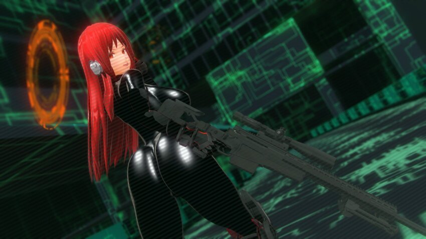 3d akane_(killy_cm3d2) angry ass before_and_after bodysuit camera custom_maid_3d_2 female_only femsub headphones killy_cm3d2 large_breasts latex long_hair looking_at_viewer open_mouth original red_eyes red_hair rubber solo weapon