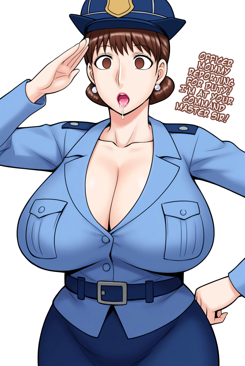 ai_art belt breasts brown_eyes brown_hair cleavage collarbone drool earrings empty_eyes expressionless female_only femsub hand_on_hip hat huge_breasts looking_at_viewer maledom manip milf minimimic_(generator) minimimic_(manipper) mom_(jinsuke) mom_is_my_doll mother_and_son open_mouth police_uniform policewoman saluting short_hair simple_background skirt son_(jinsuke) stable_diffusion_(ai) text white_background