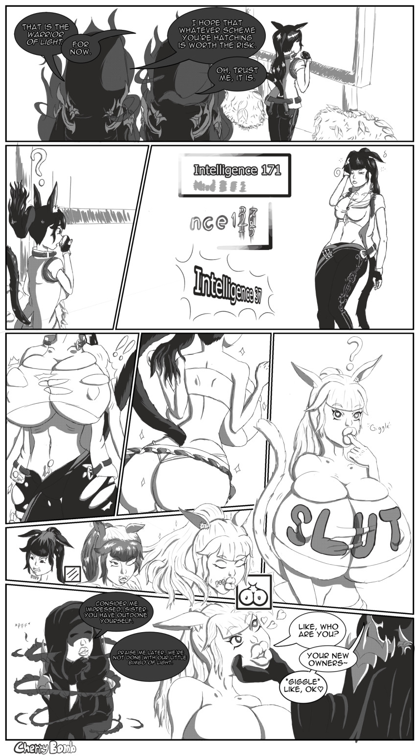 absurdres bimbofication brain_drain breast_expansion breasts cat_ears cat_tail cherrybomb comic crop_top dialogue femsub final_fantasy final_fantasy_xiv greyscale huge_breasts large_breasts large_lips lip_expansion midriff miqo'te monochrome navel text transformation warrior_of_light