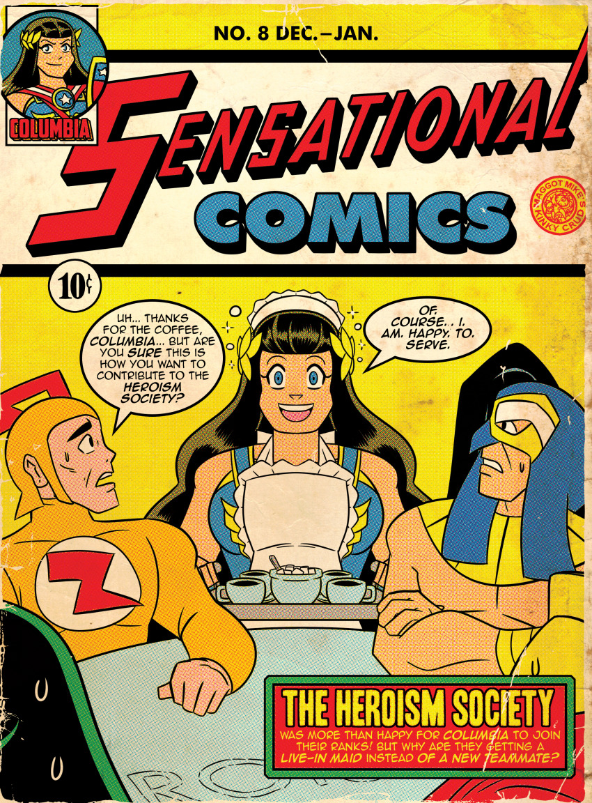 apron armor blue_eyes bodysuit brown_hair bubble columbia_(maggotmike) comic dialogue empty_eyes femsub hair_ornament happy_trance long_hair maggotmike maid maid_headdress multiple_boys muscle_boy open_mouth original smile sparkle speech_bubble super_hero text tray