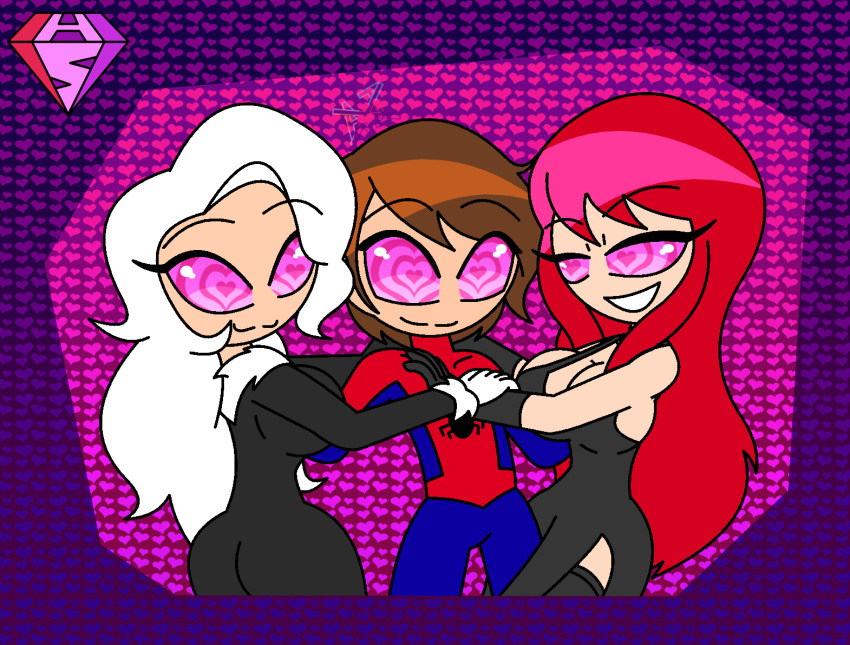 bare_shoulders black_cat brown_hair dress eyebrows_visible_through_hair felicia_hardy femsub happy_trance heart_eyes hypnoscream large_ass large_breasts long_hair love malesub marvel_comics mary_jane_watson multiple_girls multiple_subs opera_gloves peter_parker red_hair shiny_hair sideboob simple_background spider-man spider-man_(series) sub_on_sub super_hero tagme watermark white_hair