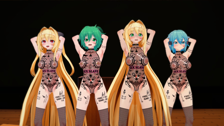 3d 42k_en angry armpits arms_above_head barcode black_background blonde_hair blush body_markings body_writing choker clothed_exposure crotch_tattoo dead_source erect_nipples face_paint female_only femsub fishnets golden_darkness green_eyes green_hair hair_ornament high_heels koikatsu! large_breasts leotard multiple_girls multiple_subs nipple_piercing open_mouth ponytail pussy qos red_eyes see-through sex_toy short_hair sinon_(sword_art_online) sword_art_online tattoo tearju_lunatique thighhighs to_love_ru to_love_ru_darkness tongue