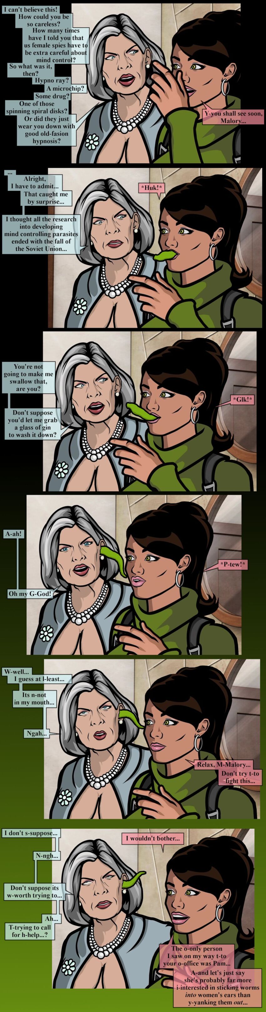 archer_(series) aware black_hair blue_eyes clothed dialogue english_text eye_roll female_only femsub green_eyes guyman806 hypnotic_creature hypnotized_dom hypnotized_hypnotist lana_kane_(archer) mallory_archer multiple_girls parasite resisting text torn_clothes worm