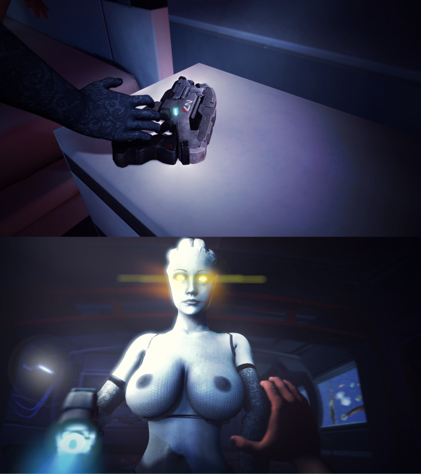 3d asari bare_breasts bare_shoulders breasts cleavage collarbone comic erect_nipples expressionless femdom fishnets glowing_eyes gun huge_breasts hypnotized_dom juxtasuperpostion liara_t'soni mass_effect navel possession see-through source_filmmaker yellow_eyes