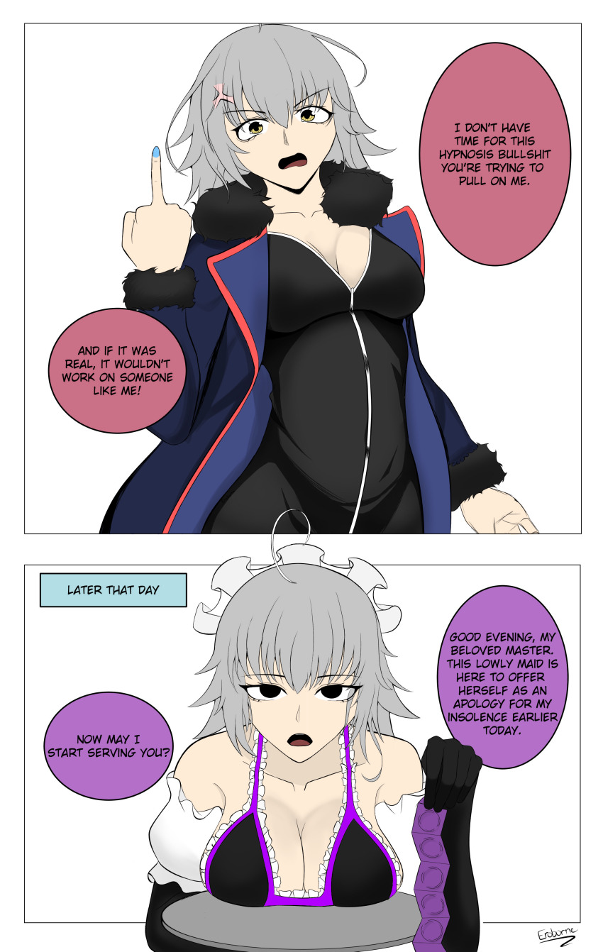 absurdres angry before_and_after cleavage condom denial dialogue drunk_trap_(colorist) empty_eyes eroborne fate/grand_order fate_(series) femsub jeanne_alter jeanne_d'arc_(fate) lingerie maid manip text underwear