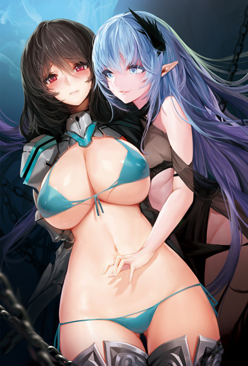 bikini blue_eyes blue_hair blush breasts brown_hair cleavage curvy elf_ears erect_nipples erect_nipples_under_clothes eyebrows_visible_through_hair female_only femdom femsub hourglass_figure hypnotic_magic large_breasts large_hips long_hair looking_at_viewer magic navel original red_eyes shiny_skin small_breasts smile snowball22 thick_thighs thigh_gap thighs unhappy_trance yuri