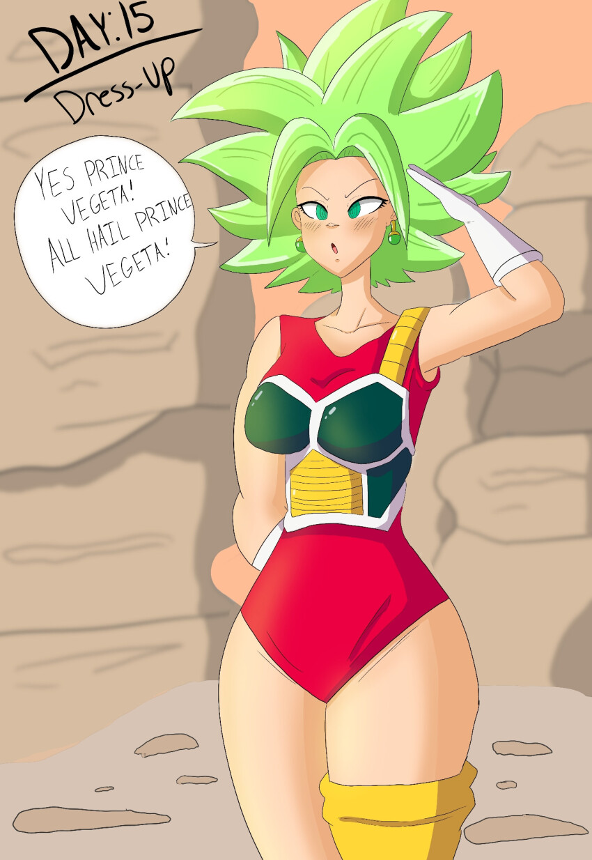 a_singular_fish armor arms_behind_back blush collarbone dragon_ball dragon_ball_super earrings femsub gloves green_eyes green_hair hypnovember kefla legs leotard long_hair open_mouth saluting solo spiral_eyes standing standing_at_attention text uniform wide_hips