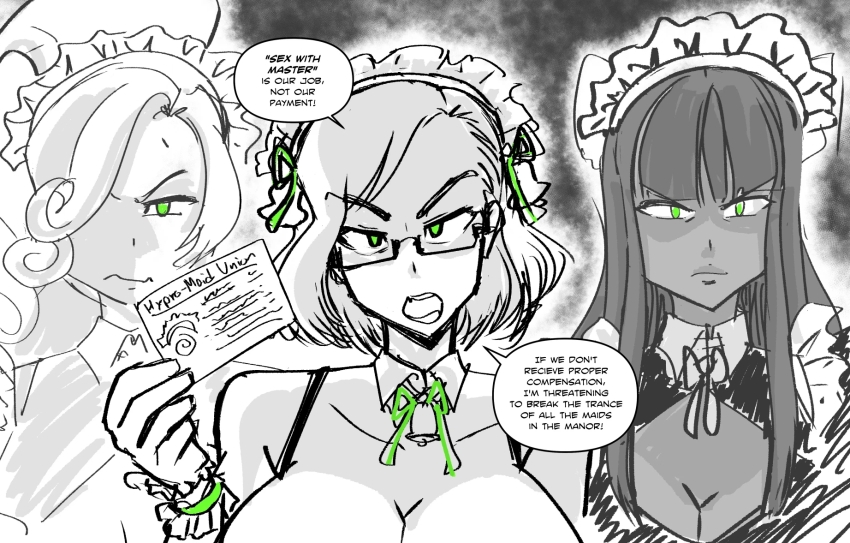 angry assertive_sub bell bell_collar bow_tie cleavage cleavage_cutout collarbone cuffs curly_hair dark_skin earrings female_only femsub glasses glowing_eyes green_eyes hair_ornament humor id_card large_breasts long_hair looking_at_viewer maid maid_headdress majinsfw mistress_velai_(darknessneon/penken) multiple_girls multiple_subs open_mouth original ponytail short_hair text veronica_nightingale_(majinsfw)