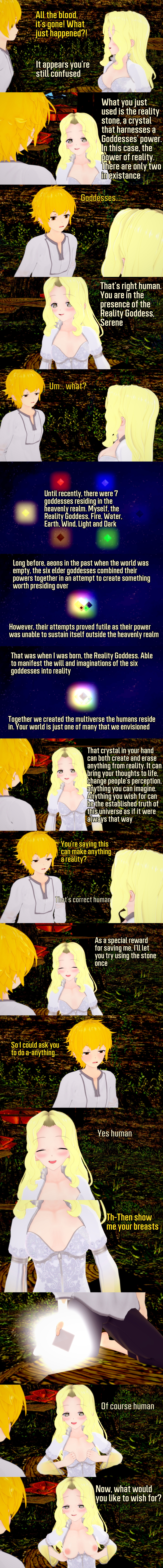 absurdres altered_common_sense blonde_hair breasts breasts_outside brown_eyes closed_eyes clothed dialogue english_text femsub goddess hypnotic_object maledom nipples outdoors reality_stone ren_(reality_stone) serene_(reality_stone) text yellow_eyes zenin1