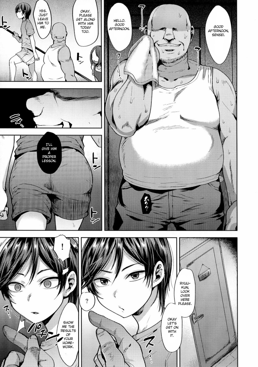 age_difference angry bald before_and_after black_hair comic dialogue empty_eyes english_text expressionless fat femboy finger_snap greyscale hard_translated multiple_boys original teacher text translated tsukuru