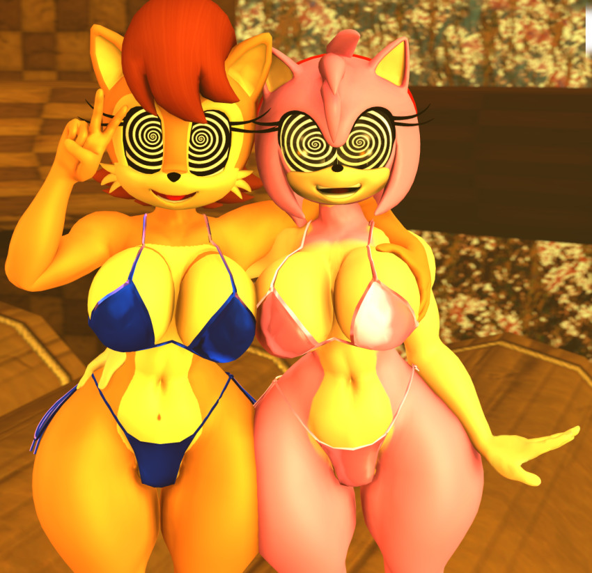 3d amy_rose bikini bikini_bottom bikini_top bottomless breast_grab breasts brown_hair chipmunk_girl curvy female_only femsub furry groping hairband hand_on_hip happy_trance hedgehog_girl holding_breasts huge_hips large_breasts multiple_girls multiple_subs navel open_mouth pikachugamer52 pink_hair posing sally_acorn short_hair smile sonic_the_hedgehog_(series) spiral_eyes squirrel_girl standing swimsuit symbol_in_eyes thick_thighs v