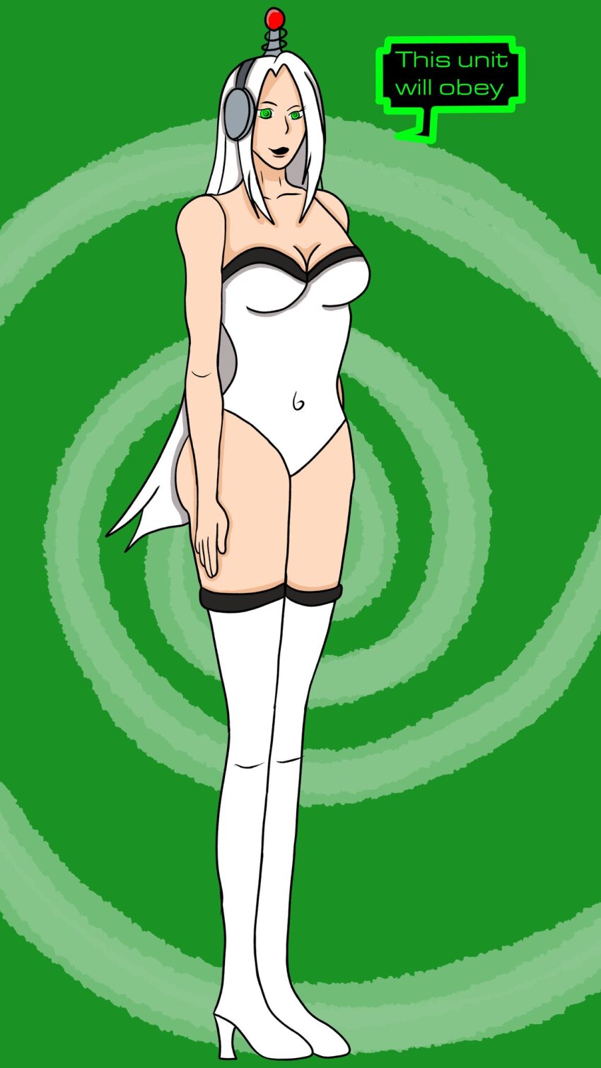 antenna fembot femsub green_eyes happy_trance headphones high_heels latex long_hair original robot robotization servslvt solo spiral_background spiral_eyes standing standing_at_attention swimsuit symbol_in_eyes tech_control text thigh_boots white_hair