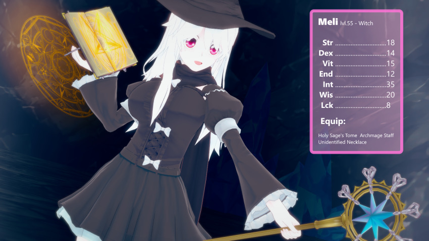3d before_and_after breasts gameplay_mechanics meli_(rimelia) pink_eyes rimelia white_hair witch