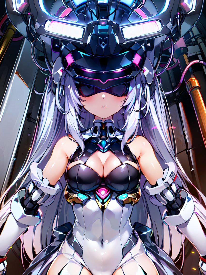 ai_art blindfold blush cables cleavage corruption expressionless female_only femsub gloves helmet koimin4_(generator) leotard long_hair navel opera_gloves purple_hair sitting skirt solo stable_diffusion_(ai) tech_control very_long_hair wires