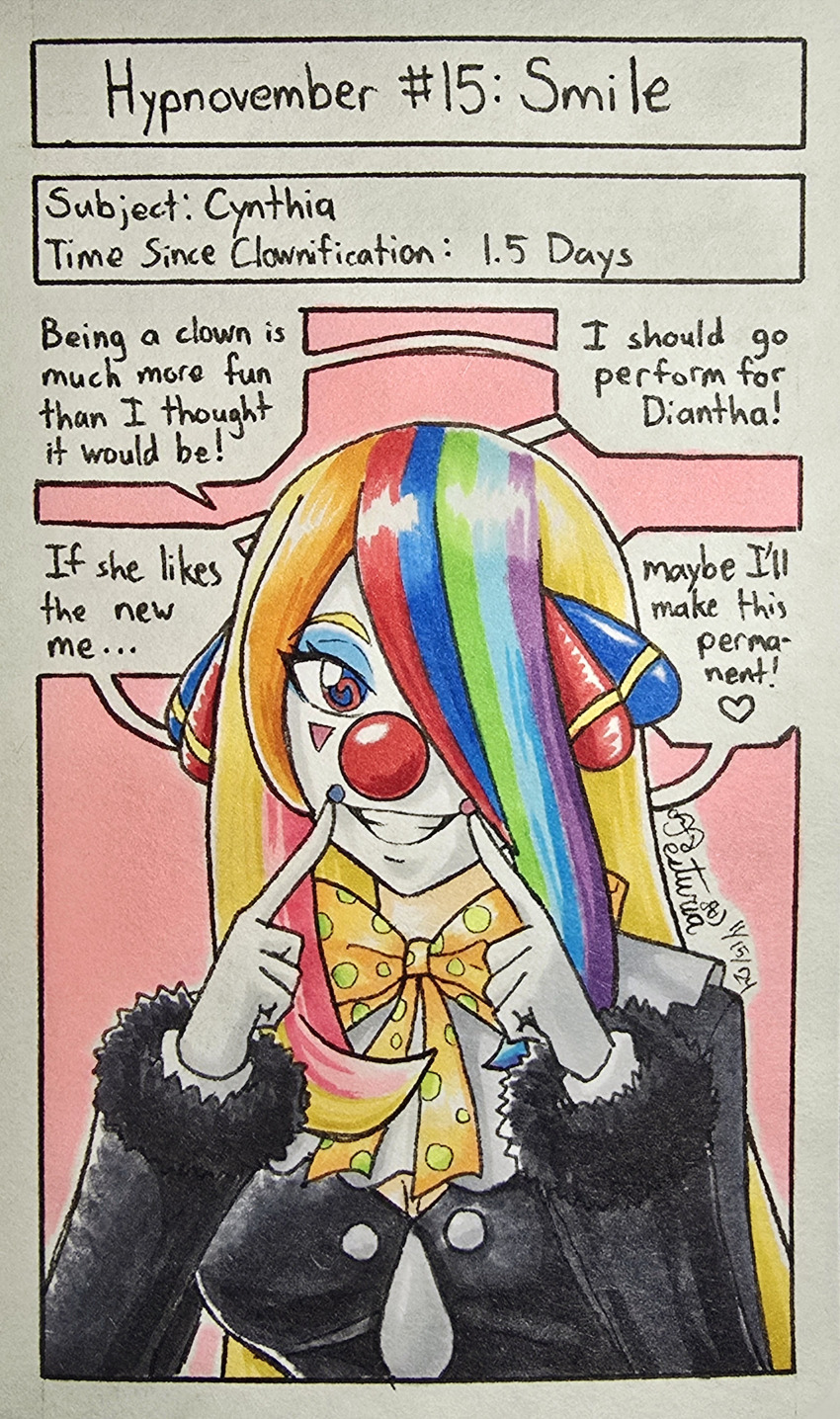 absurdres alternate_hair_color bow_tie clothed clown clown_girl clownification color consensual cynthia dialogue face_paint femsub hair_covering_one_eye hair_ornament happy_trance heart hypnotic_accessory jesturia multicolored_hair nintendo pokemon pokemon_diamond_pearl_and_platinum rainbow_hair smile speech_bubble spiral_eyes symbol_in_eyes tagme text traditional