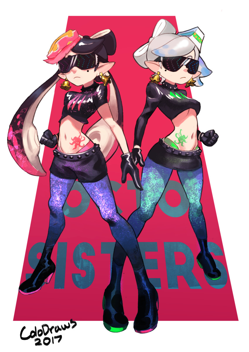 callie_(splatoon) colodraws corruption cousins earrings elf_ears enemy_conversion female_only femsub gloves hypnoshades hypnotic_accessory inkling jewelry marie_(splatoon) mole monster_girl nintendo short_shorts skirt splatoon splatoon_2 spoilers squid_sisters sunglasses tank_top tattoo tech_control tentacles tights twintails