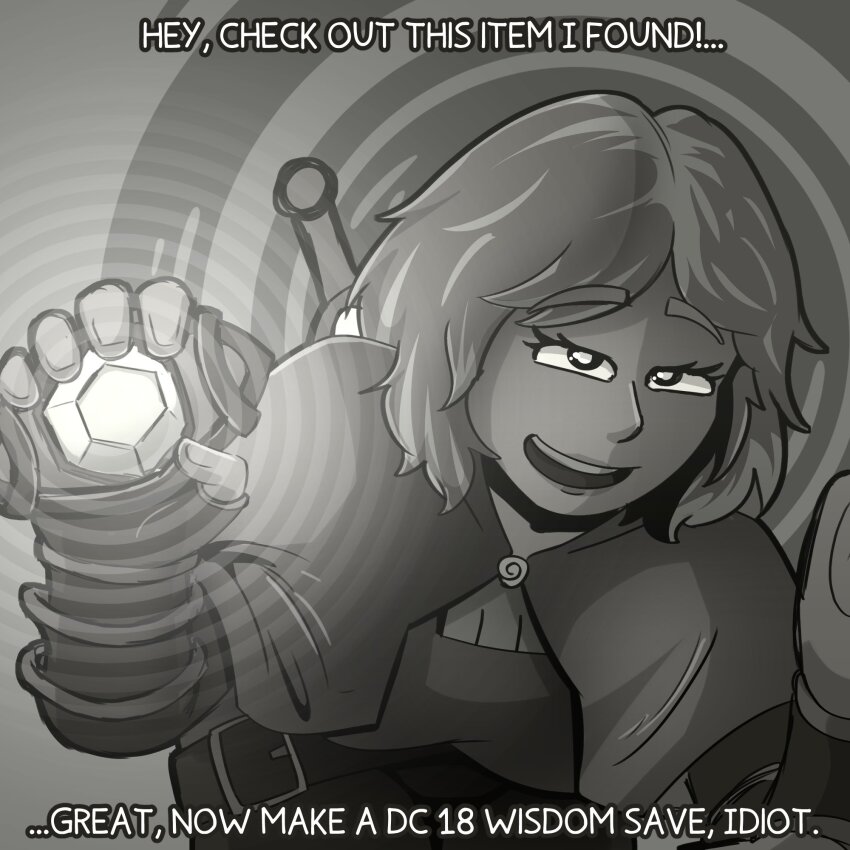 baldur's_gate brushie_art cloak crystal dialogue dungeons_and_dragons femdom gameplay_mechanics glowing greyscale hypnotic_object looking_at_viewer monochrome original pov_sub rroche_(masterblankie) short_hair smile text