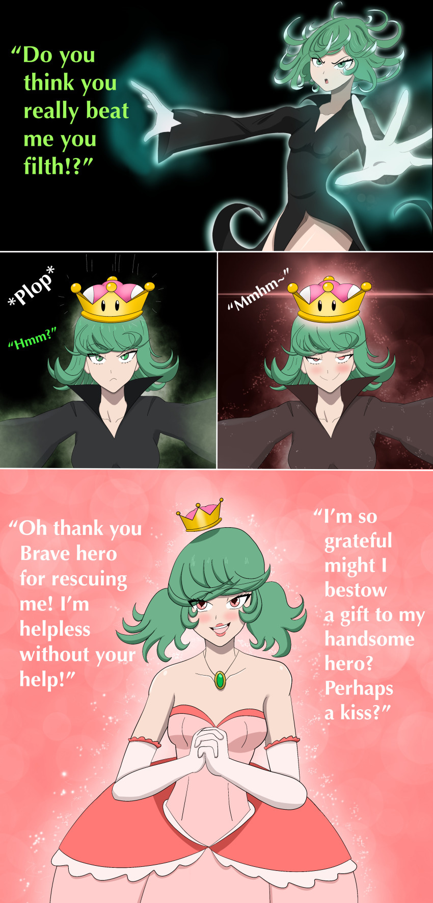 absurdres before_and_after blush breasts comic crown dress female_only femsub glowing green_eyes green_hair happy_trance jewelry large_breasts lipstick necklace new_super_mario_bros._u_deluxe nintendo one_punch_man open_mouth pink_eyes princess princessification short_hair smile solo standing super_crown super_mario_bros. syas-nomis tatsumaki_(one_punch_man) text tongue transformation