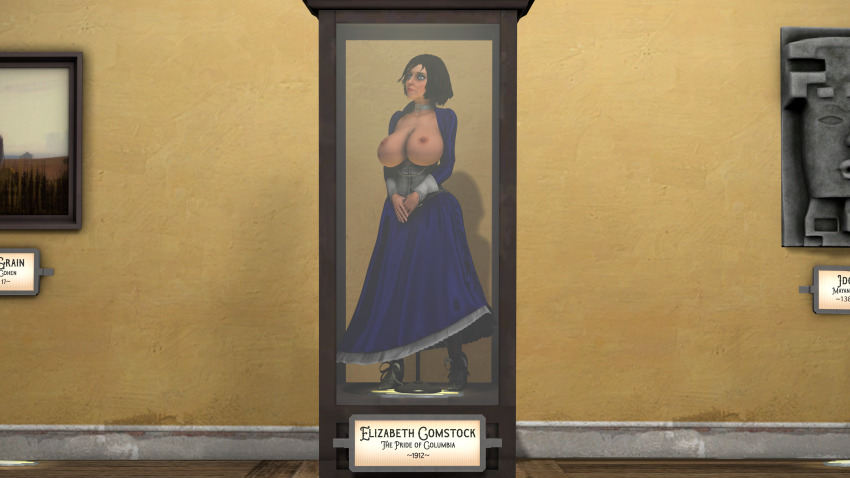 3d absurdres bioshock_infinite blue_eyes boots breasts breasts_outside brown_hair clothed_exposure collar display dress elizabeth_comstock exhibitionism femsub happy_trance high_heels huge_breasts mannequin nipples posed rust short_hair smile source_filmmaker statue text