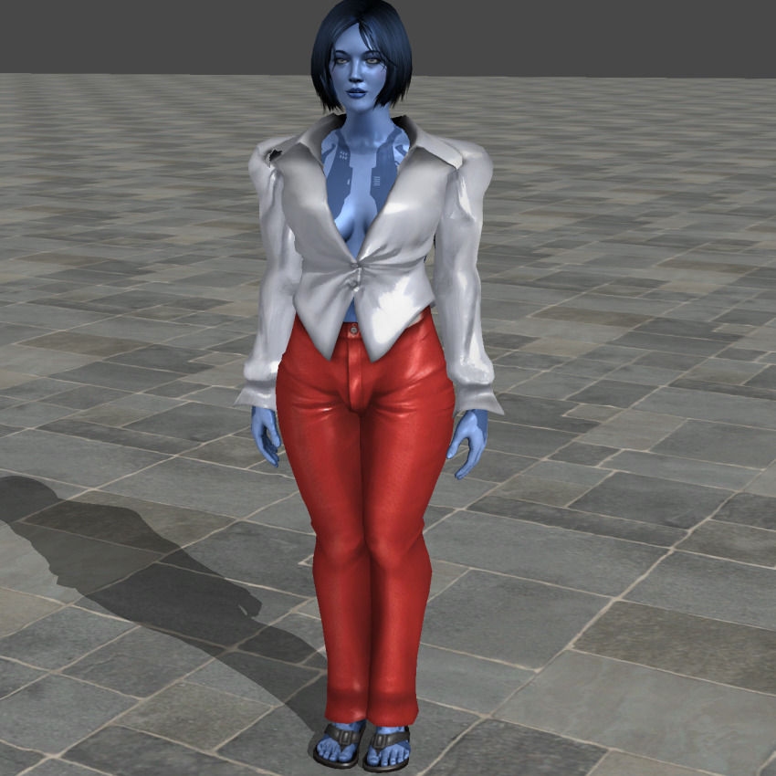 3d alternate_costume blue_eyes blue_hair cleavage collarbone cortana expressionless female_only femsub halo_(series) jeans robot robot_girl short_hair solo standing standing_at_attention thick_thighs vg-mc