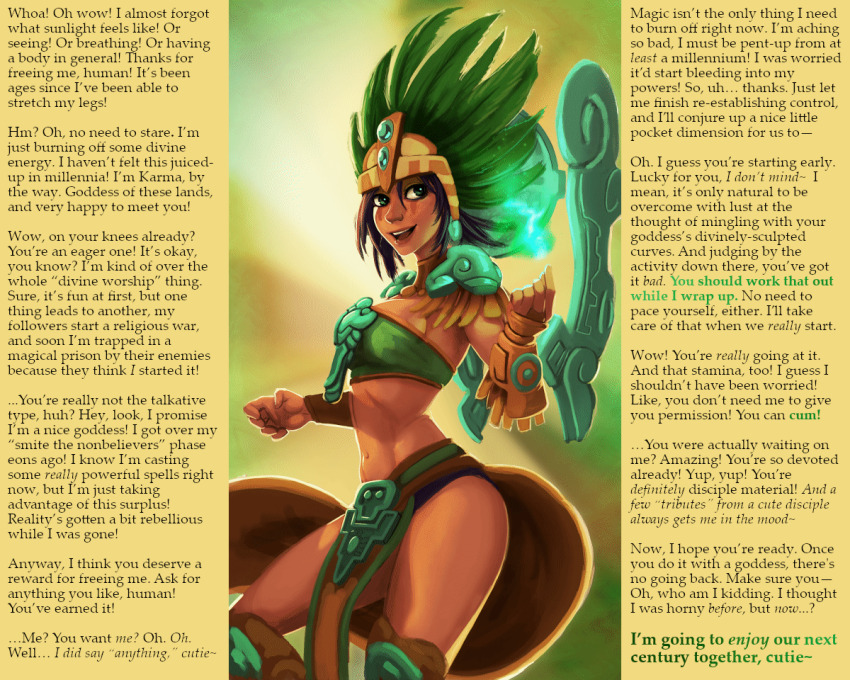 accidental_hypnosis alternate_costume animated animated_gif aura bare_legs bikini_armor black_hair bragging breasts caption dark_skin dialogue earrings female_only femdom floating glowing goddess green_eyes hat hourglass_figure hypnotic_magic jaaysiin_(manipper) jewelry karma_(lol) large_breasts league_of_legends looking_at_viewer magic manip masturbation_command midriff navel open_mouth orgasm_command pov pov_sub raichiyo33 short_hair smile solo text thick_thighs thighs