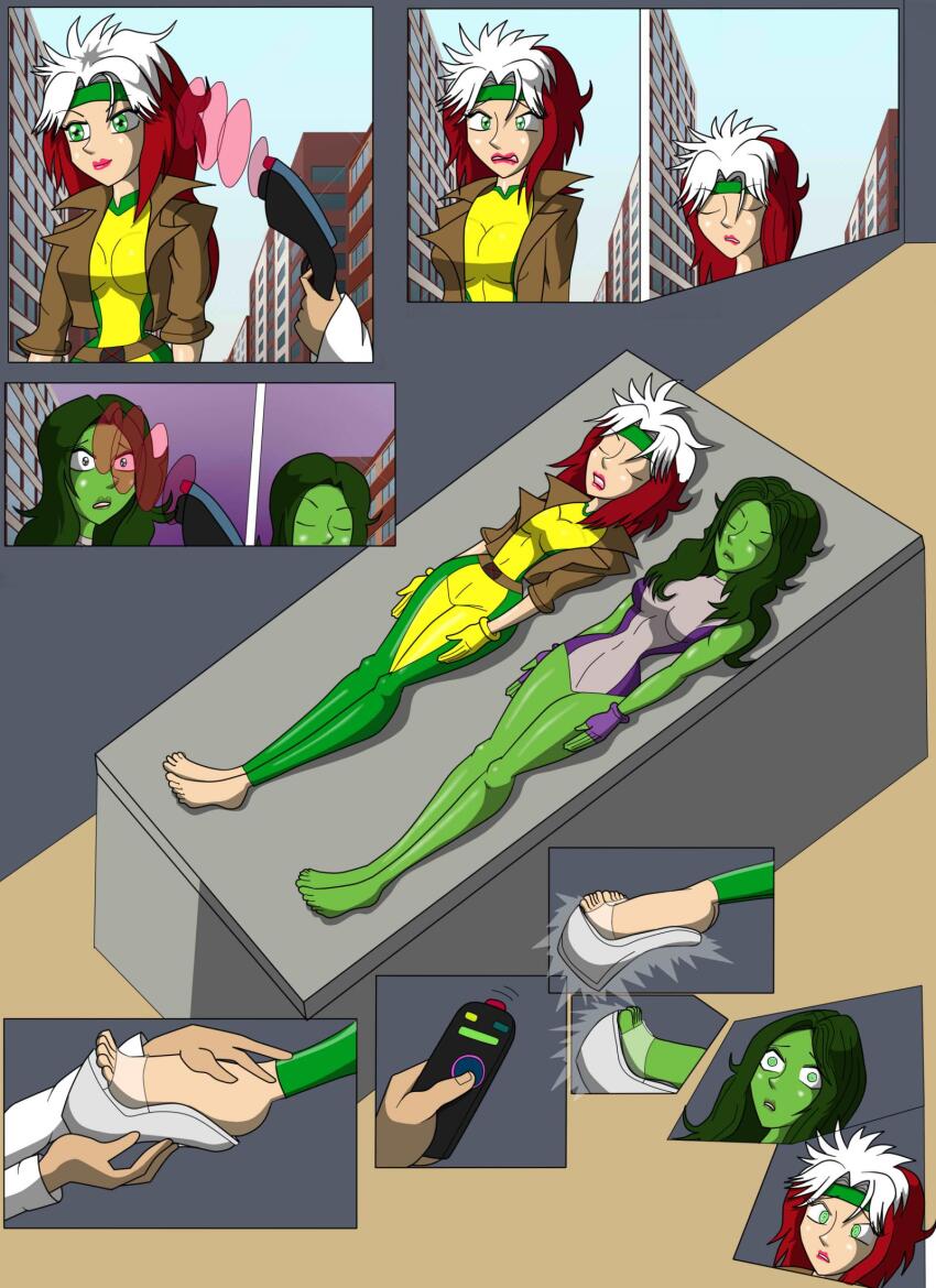 barefoot carlosfco comic feet female_only femsub green_skin high_heels hypnotic_accessory hypnotic_clothing lying marvel_comics multicolored_hair multiple_girls multiple_subs remote_control rogue she-hulk sleeping spiral_eyes super_hero surprised symbol_in_eyes tech_control