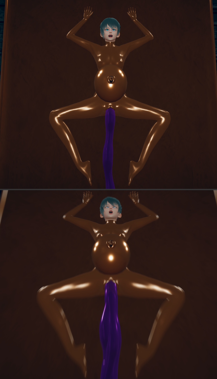 3d abs alternate_costume arms_above_head birthing blue_eyes blue_hair bodysuit comic corruption crossed_eyes empty_eyes expressionless eye_roll female_only femsub hair_ornament latex monster murochi-san open_mouth original ponytail pregnant restrained rubber slime solo spread_legs tongue trapped