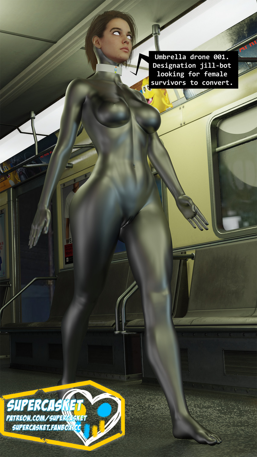 3d blender bodysuit breasts brown_hair collar drone empty_eyes expressionless female_only femsub graybot jill_valentine large_breasts resident_evil robotization short_hair supercasket tech_control text
