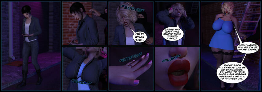 3d adiabaticcombustion angry black_hair blonde_hair boots breast_expansion breasts cleavage comic domestication dress feminization femsub fishnets high_heels jacket jeans large_breasts large_hips large_lips lip_expansion maledom nail_polish red_lipstick ring short_hair stepfordization text tomboy transformation