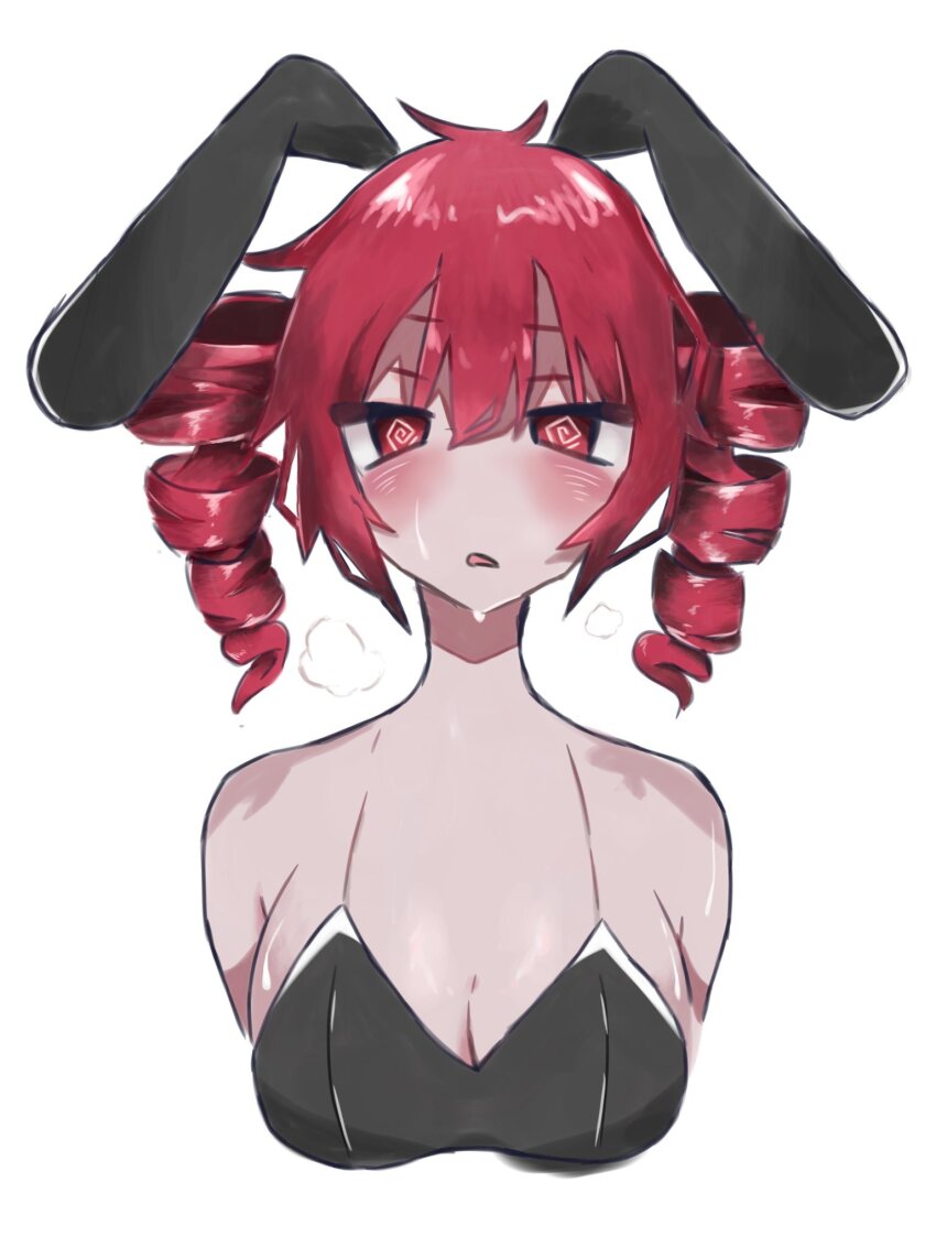 animal_ears annyo_01 blush breasts breath bunny_ears bunny_girl bunnysuit cleavage drill_hair expressionless fake_animal_ears female_only femsub long_hair looking_at_viewer open_mouth panting red_eyes red_hair simple_background spiral_eyes sweat teto_kasane vocaloid white_background