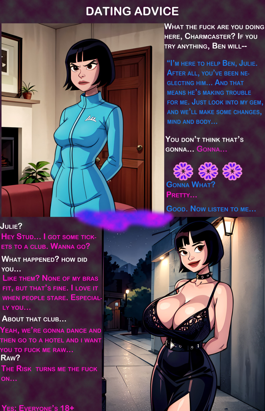 ai_art before_and_after ben_10 breast_expansion breasts cleavage dress femsub gregory_michelson_(generator) julie_yamamoto magic text transformation