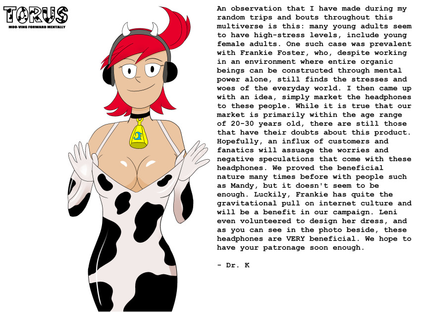absurdres bell_collar breasts cartoon_network collar cow_girl cow_print cowbell dress female_only femsub foster's_home_for_imaginary_friends frankie_foster gloves happy_trance headphones horns hucow hypnotic_accessory hypnotic_audio latex ponytail red_hair short_hair smile solo subliminal tech_control temperancedraws text western