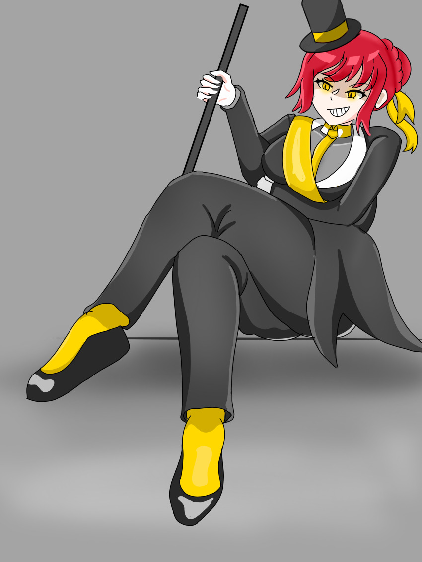 alternate_costume androgynous_dom bill_cipher breasts clothed crossed_arms crossed_legs crossover disney evil_smile eye_color_change fate/strange_fake fate_(series) femsub glowing_eyes gravity_falls grey_background hat hippolyta_(fate) large_breasts legs losangelesd-14 possession red_hair shoes short_hair simple_background smile staff suit tie yellow_eyes