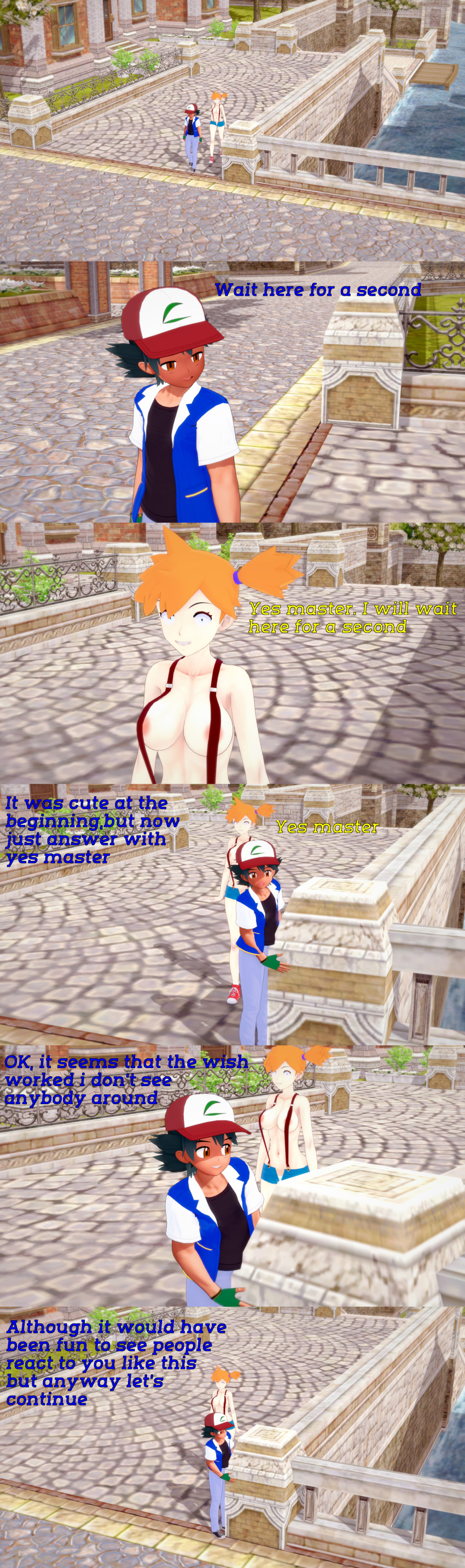 absurdres ash_ketchum black_hair blue_eyes breasts brown_eyes clothed dialogue english_text femsub horokeu maledom misty nintendo nipples nude orange_hair pokemon pokemon_(anime) short_hair shrunken_irises smile text