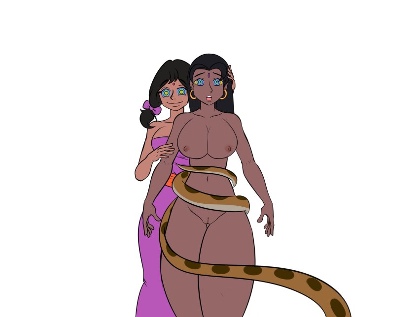 aged_up bottomless breasts coils dark_skin disney earrings happy_trance kaa kaa_eyes katsiika long_hair mother_and_daughter nude open_mouth pussy shanti shanti's_mother smile snake tail the_jungle_book topless twintails
