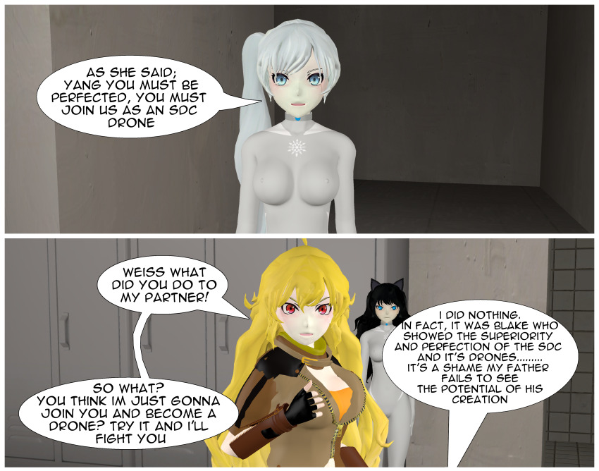 3d absurdres blake_belladonna collar comic female_only hypnotic_accessory rwby tech_control tepmarmy text weiss_schnee yang_xiao_long