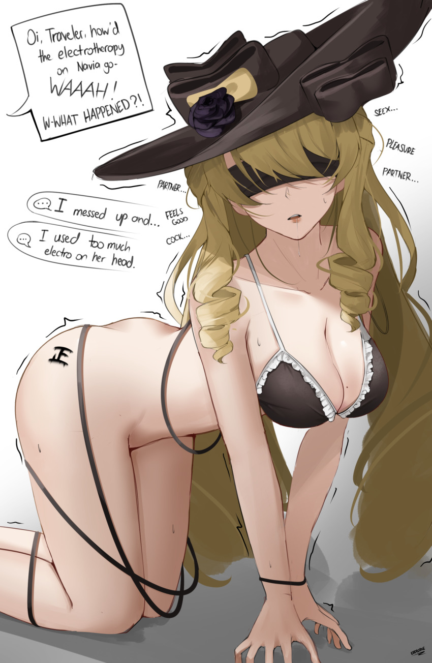 accidental_hypnosis all_fours blindfold blonde_hair body_writing bra breasts dialogue drill_hair drool english_text eroborne female_only femsub genshin_impact hat large_breasts mind_break navia_(genshin_impact) open_mouth signature simple_background speech_bubble tally_marks tech_control text trembling underwear very_long_hair