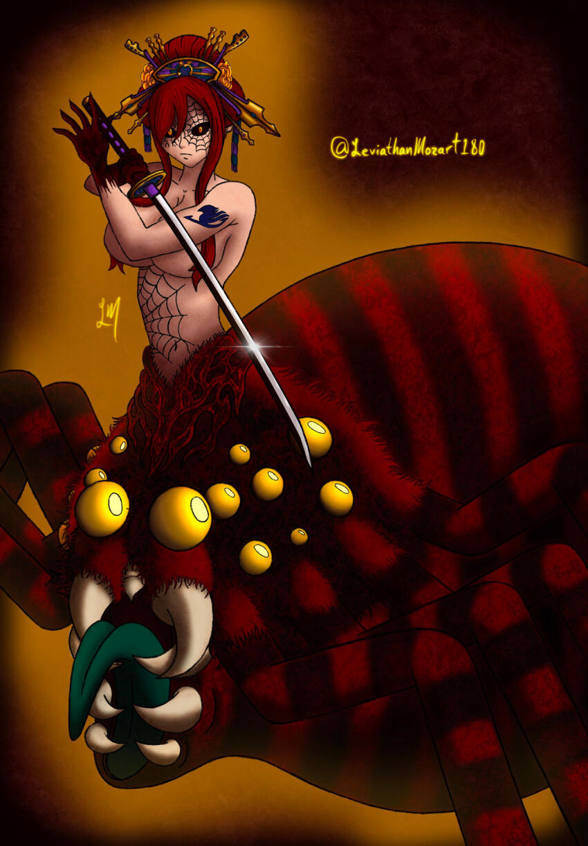 alternate_hairstyle black_sclera breasts bug_girl corruption crown erza_scarlet fairy_tail female_only femsub hair_covering_one_eye jewelry large_breasts leviathanmozart180 monster_girl multiple_legs red_eyes red_hair spider spider_girl sword tattoo topless yellow_eyes